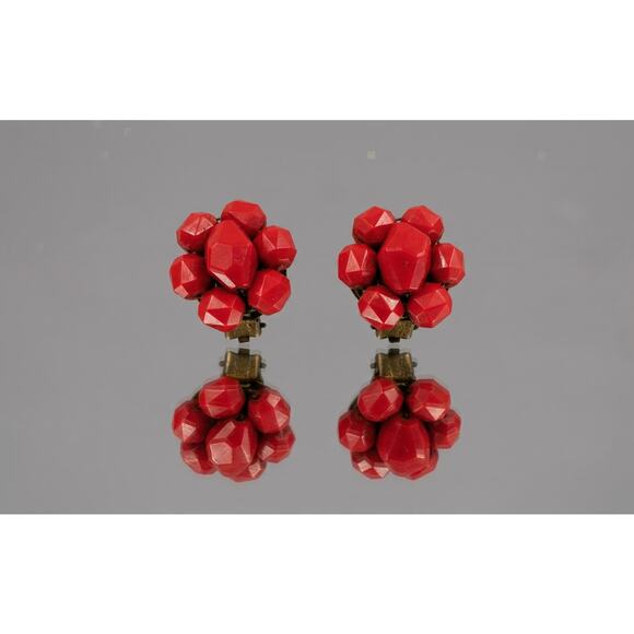 West German Jewelry - 1950s Signed West Germany Red Glass Cluster Clip-On Earrings